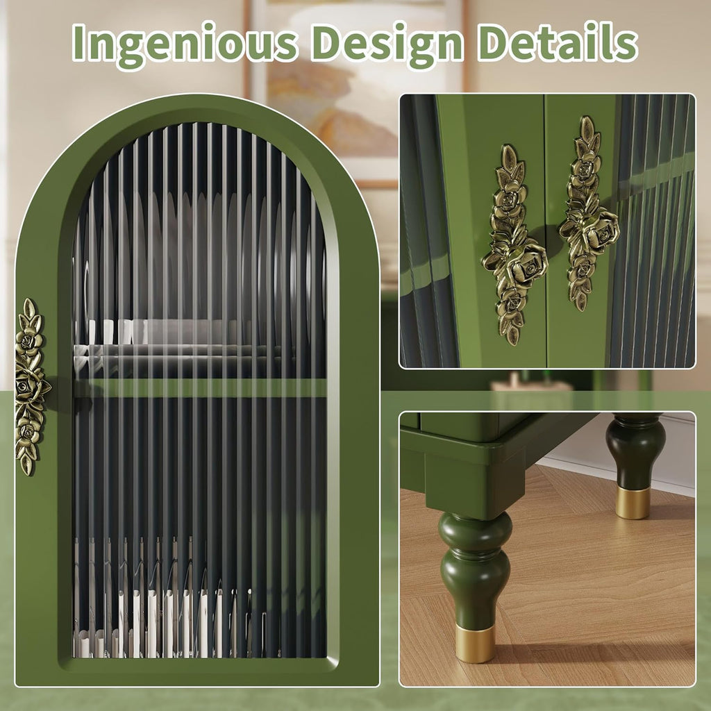 iPormis Fluted Arched Buffet Cabinet with Storage, 59" Vintage Sideboard with Glass Door & Adjustable Shelves, Mid Century Modern Solid Wood Credenza Accent Cabinet for Living Room, Entryway, Green