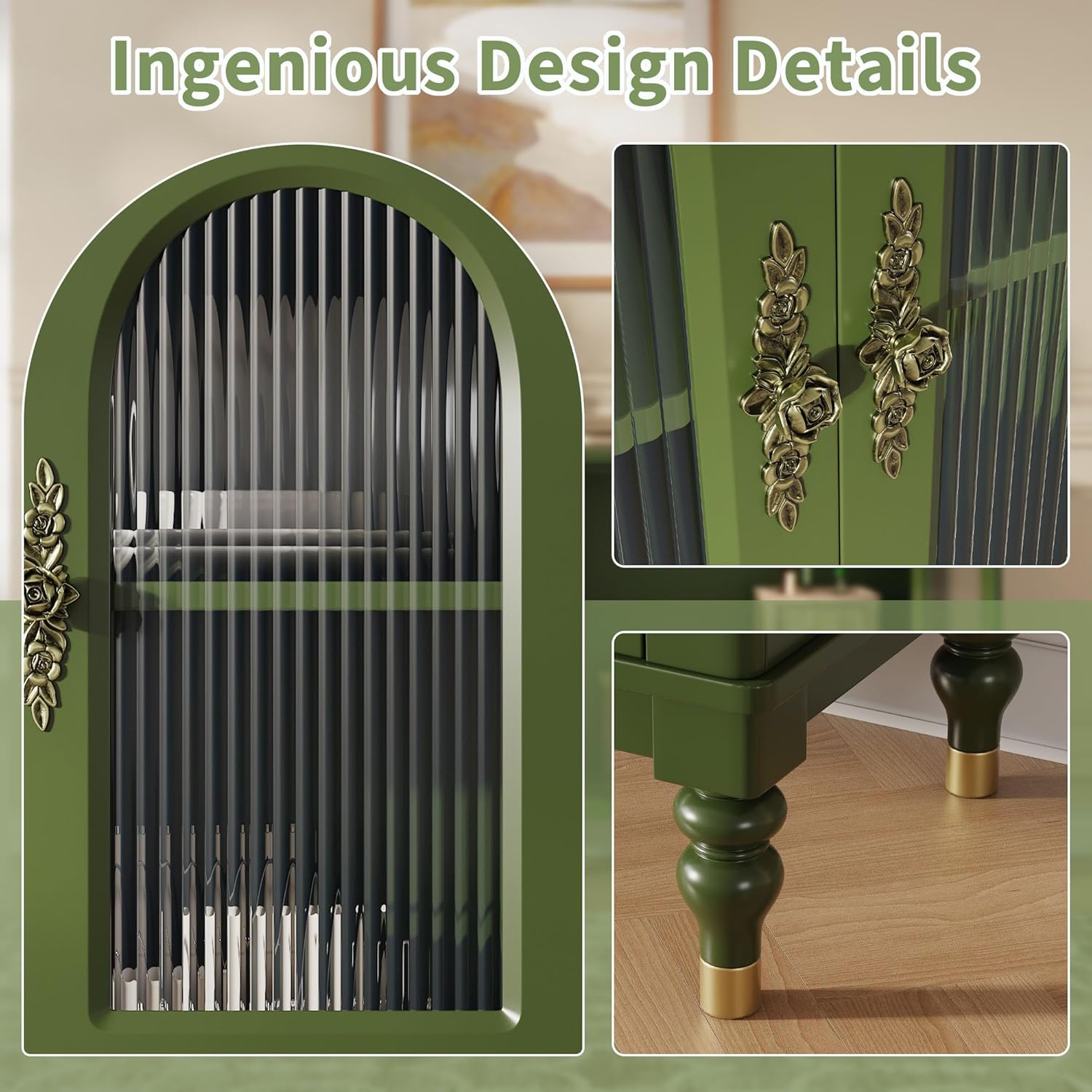iPormis Fluted Arched Buffet Cabinet with Storage, 59" Vintage Sideboard with Glass Door & Adjustable Shelves, Mid Century Modern Solid Wood Credenza Accent Cabinet for Living Room, Entryway, Green