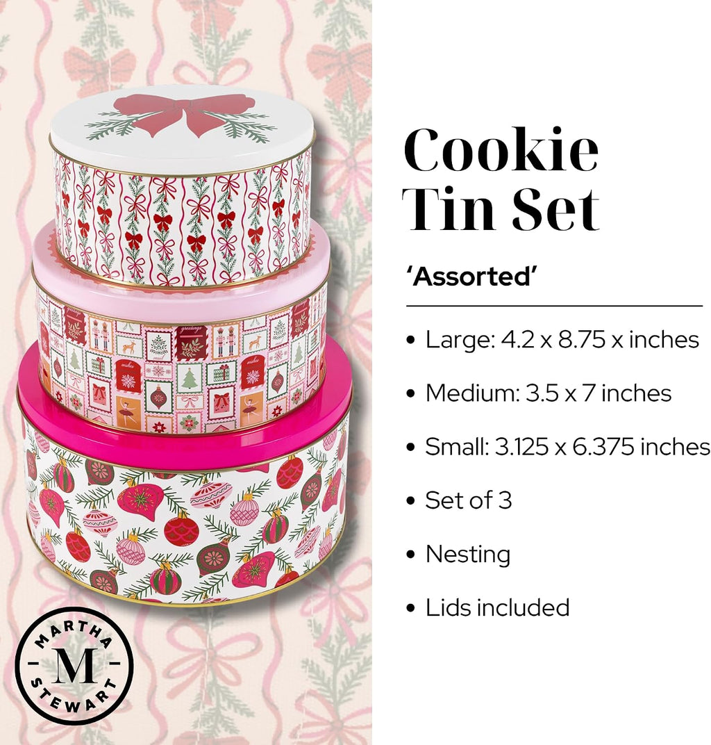 Martha Stewart Metal Cookie Tins, 3-Piece Nesting Set, Small, Medium & Large, Christmas Containers for Gift & Storage (Ornaments and Bows)