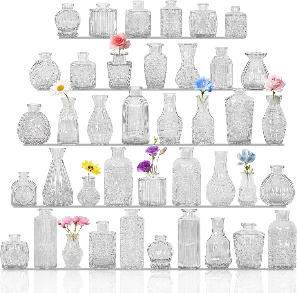 Set of 40 Glass Bud Vases, Small Clear Glass Vases in Bulk, Mini Vintage Embossed Flower Vase for Wedding, Centerpieces, Birthday Party, Home Table Decorations, Baby Shower (Clear)