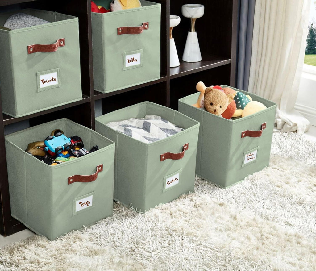 DECOMOMO Storage Bins, Cube Storage Bin with Labels, Fabric Storage Cubes for Shelves (10.5" x 11" / 2pcs, Sage Green)