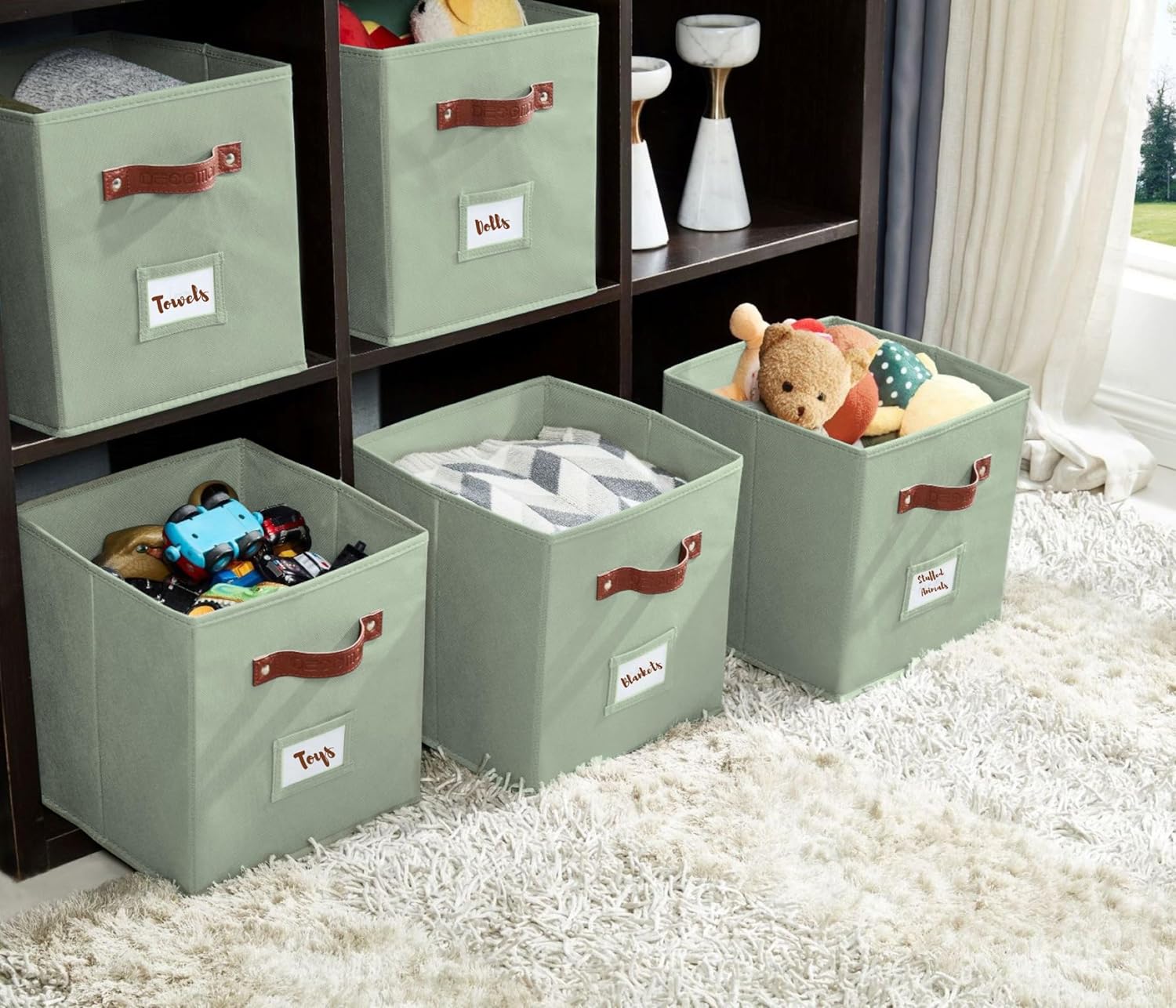 DECOMOMO Storage Bins, Cube Storage Bin with Labels, Fabric Storage Cubes for Shelves (10.5" x 11" / 2pcs, Sage Green)