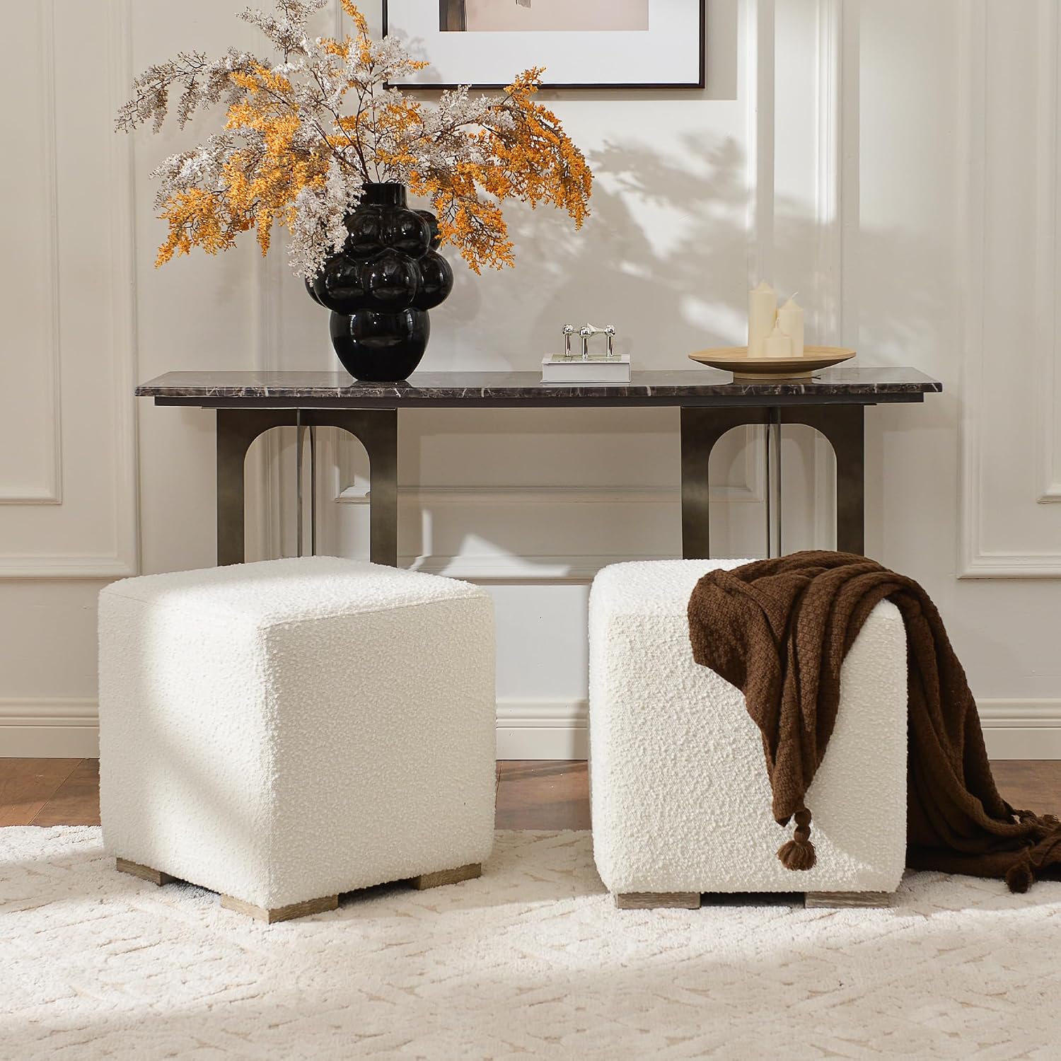 KINWELL 18.5" Wide Modern Square Boucle Upholstered Ottoman with Solid Wood Legs Set of 2, Cube Ottoman Multi-Functional Sofa Footrest, Extra Seating for Living Room, Bedroom, Fully Assembled (White)