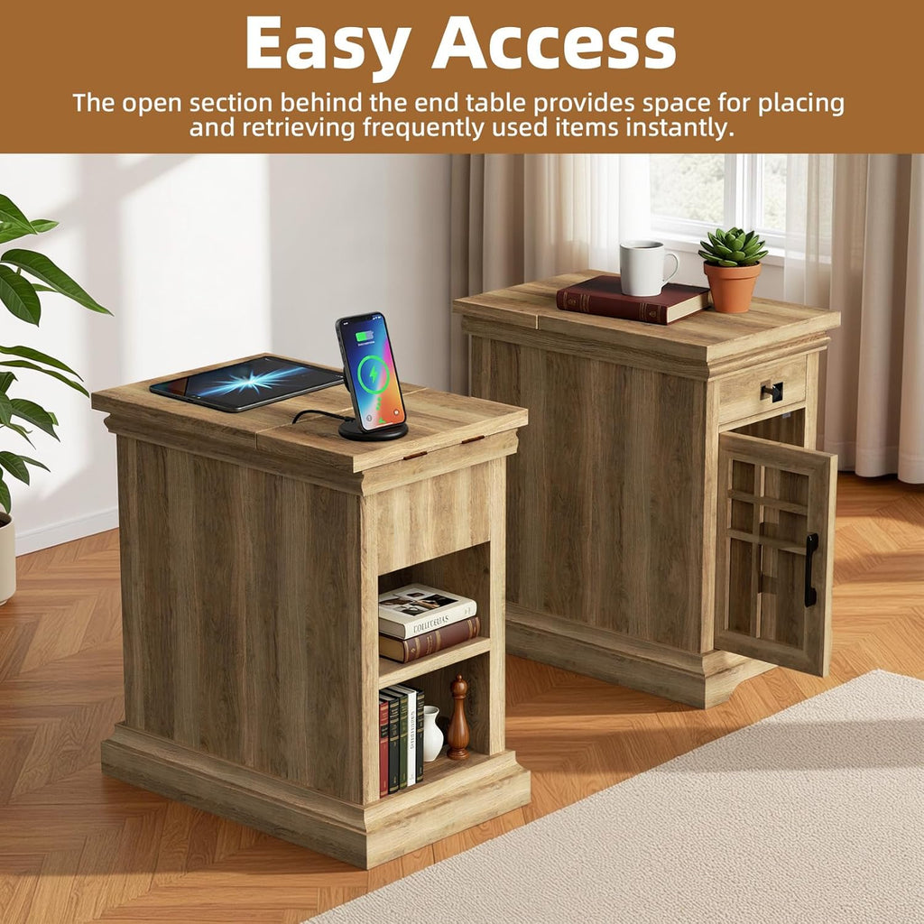 Farmhouse End Table with Charging Station, Rustic Wooden Nightstand with USB Ports and Outlets, Storage Drawer and Cabinet, Narrow Side Table for Living Room, Natural