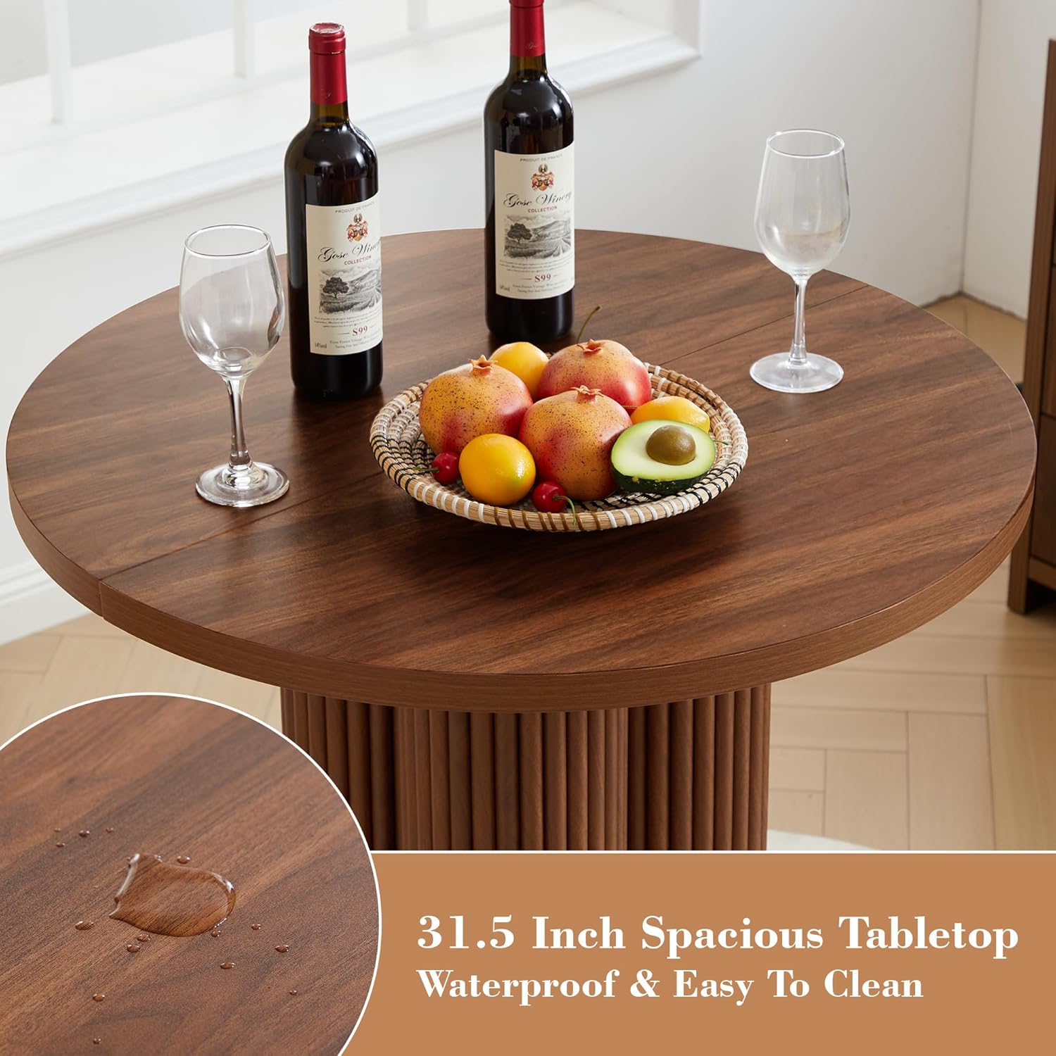 Bar Table, 39.37" H Round Bistro Table Fluted Pub Table with Base & Metal Ring Footrest Wood Cocktail Desk for Patio, Coffee House, Living Room, Kitchen, Small Space [Chairs Not Included]