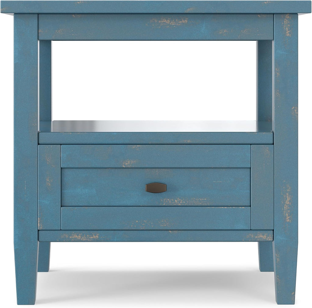 SIMPLIHOME Warm Shaker End Table - 20" Wide x 20" High Solid Wood Square Accent Table in Distressed Coastal Blue, Transitional Side Table for Living Room with Drawer, Open Shelf and Tapered Legs