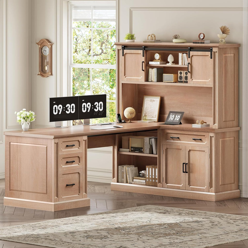 SEDETA 67" Farmhouse Desk with Hutch, L Shaped Office Desk with 4 Drawers & Storage Cabinet, Executive Corner Computer Desk with Sliding Doors, File Drawer & Power Outlet for Home Office, Oak