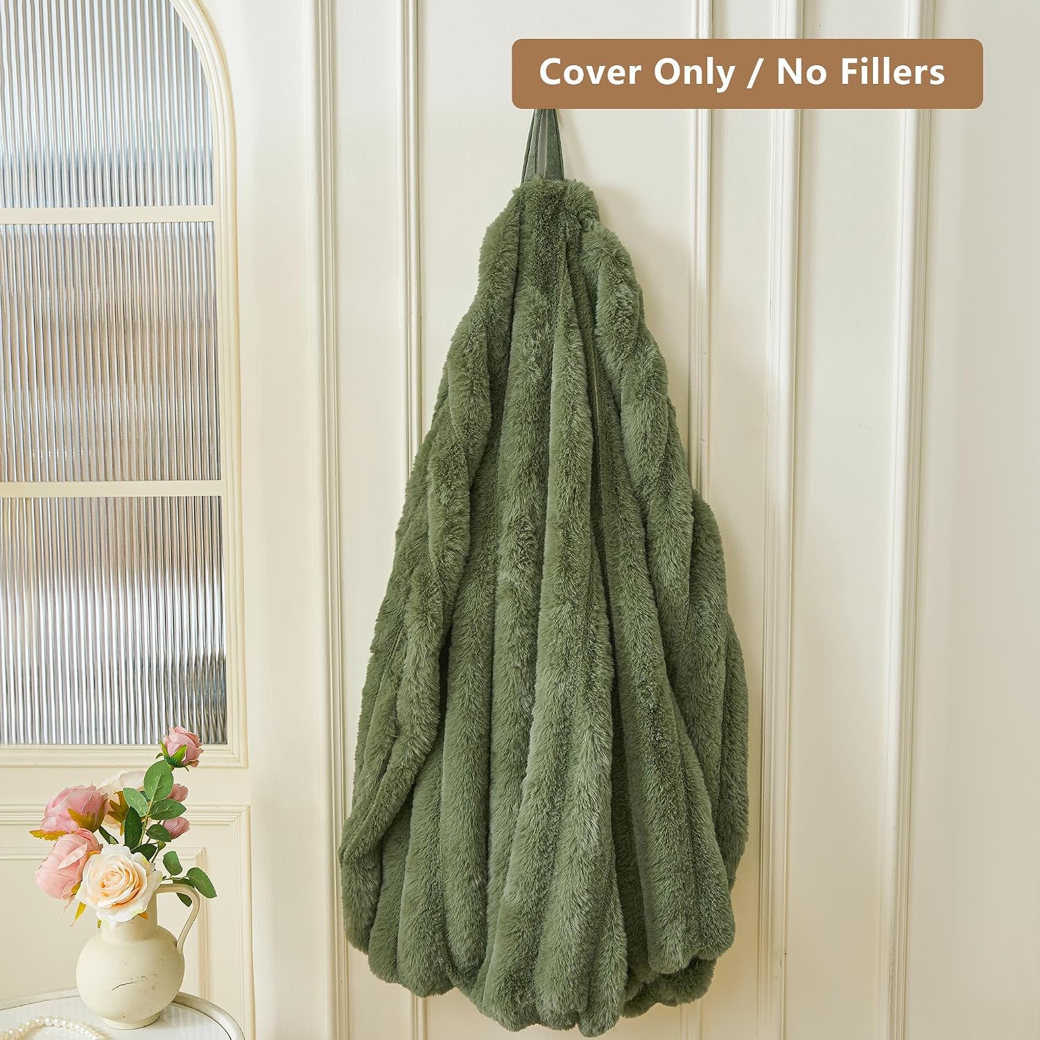 MEGO Kids Fluffy Faux Rabbit Fur Bean Bag Chair Cover(No Filler), Cozy Moss Shaggy Striped Stuffed Animal Storage Bean Bag for Plush Toys, Fuzzy Ribbed Beanbag Cover Kids Girls Teens Adult, Sage Green