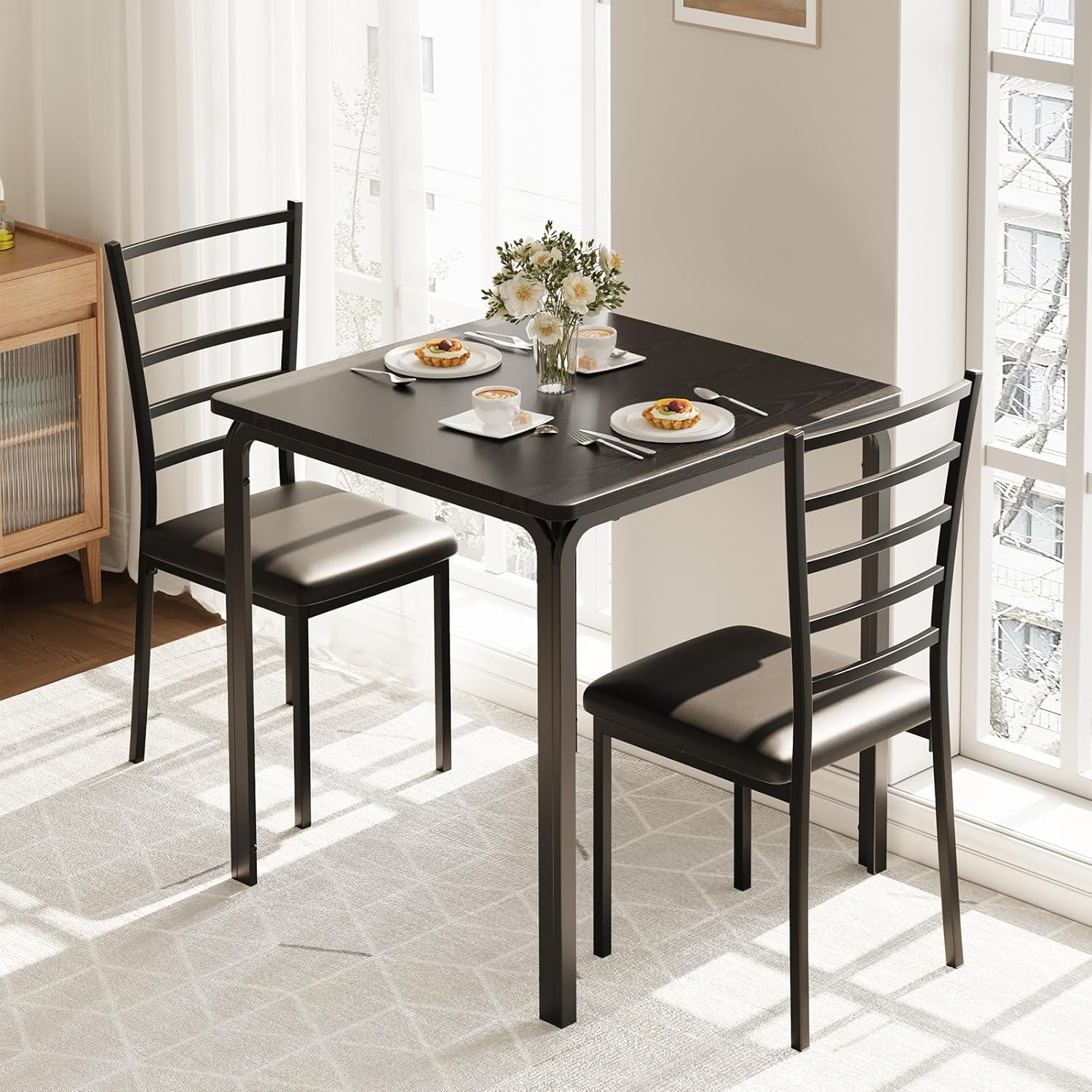 Modern 3-Piece Dining Set for 2 – Compact Square Table & Chairs with Sturdy Metal Frame, Easy Assembly, Space-Saving Kitchen Furniture – Ideal for Small Apartments or Breakfast Nooks
