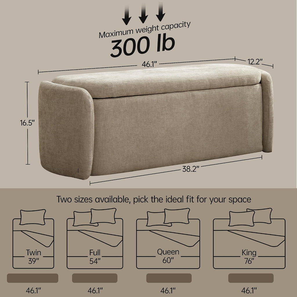 VKNOW 46" Oval Storage Ottoman Bench, Upholstered End of Bed Bench Ottomans Bench Foot Rest, Sherpa Storage Bench for Bedroom, Living Room and Hallway, Light Brown