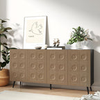 Sideboard Buffet Cabinet with Storage: 63" Black and Oak Mid Century Modern Credenza with 4 Doors, Large Fluted Sideboard Accent Cabinet for Living Room