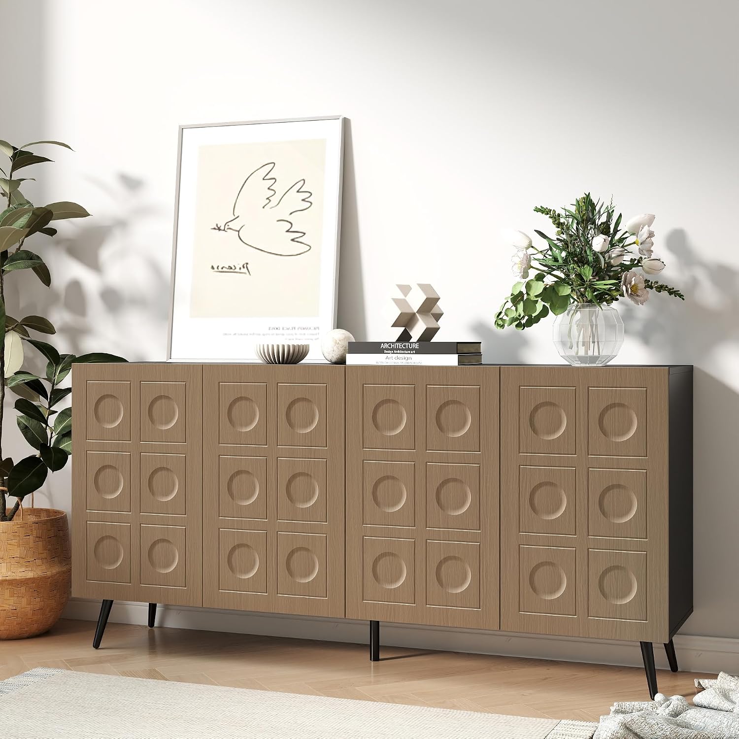 Sideboard Buffet Cabinet with Storage: 63" Black and Oak Mid Century Modern Credenza with 4 Doors, Large Fluted Sideboard Accent Cabinet for Living Room