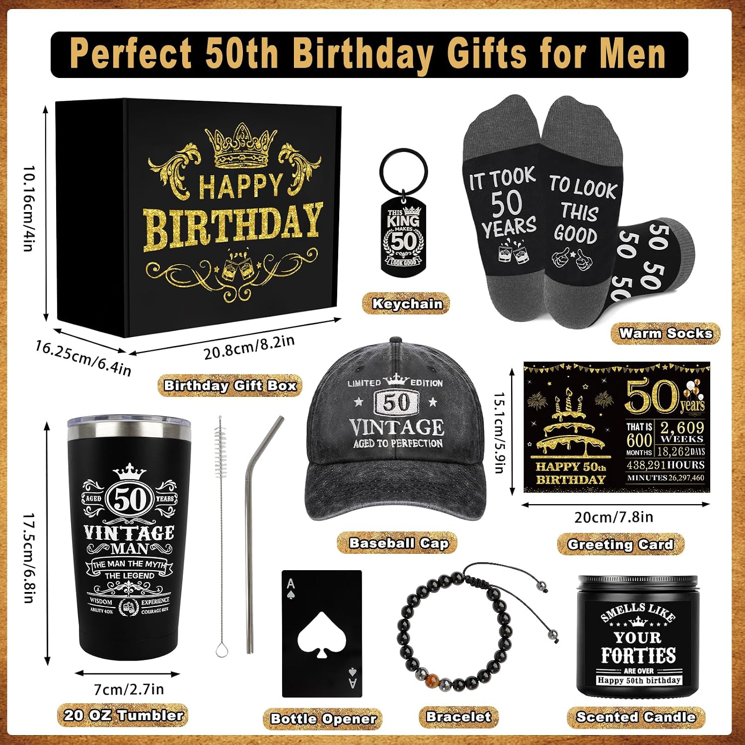 50th Birthday Gifts for Men - Unique Birthday Box with 20 Oz Tumbler, Baseball Cap, Socks, Bracelets, Scented Candle, Happy 50th Birthday Decorations for Husband, Dad, Grandpa, Friends, Boss