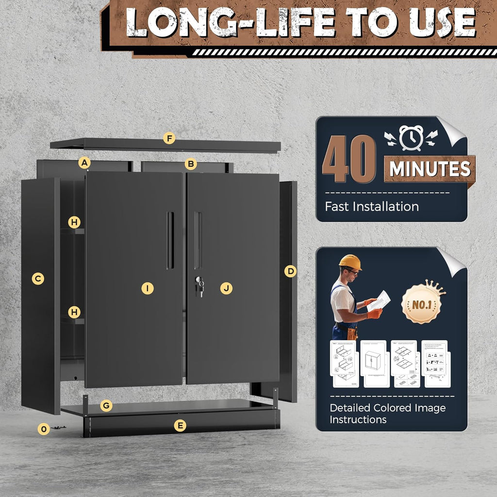 INTERGREAT Metal Storage Cabinet with Locking Doors, Lockable Steel Storage Cabinets with 2 Doors and Shelves, Black Metal Cabinets with Lock, Small Steel Cabinet for Office, Garage, Home, Shop