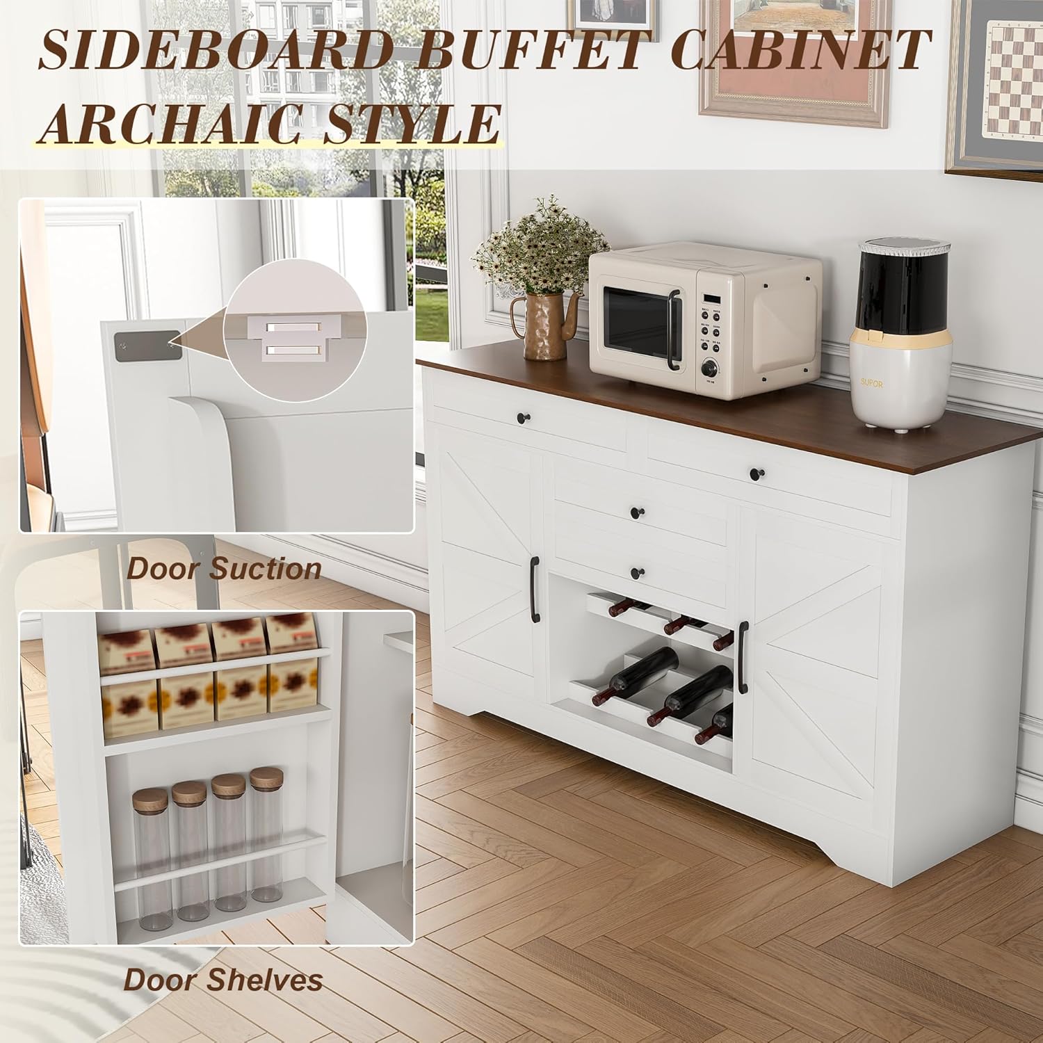 54" Farmhouse Buffet Cabinet with Storage, Sideboard Buffet Cabinet with Drawer, Adjustable Shelves & Wood Grain Top, Kitchen Buffet Storage Cabinet for Dining Room, Living Room, Coffee Bar