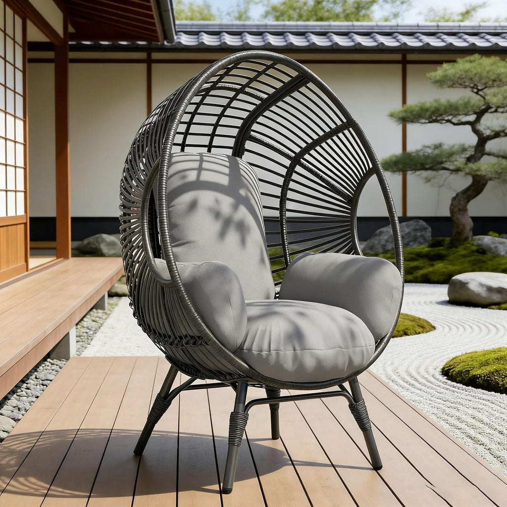 Egg Chair Outdoor Wicker, 400lbs Capacity, 8-Inch Cushion, Rust-Resistant Frame Balcony Chairs(Black+Gray)