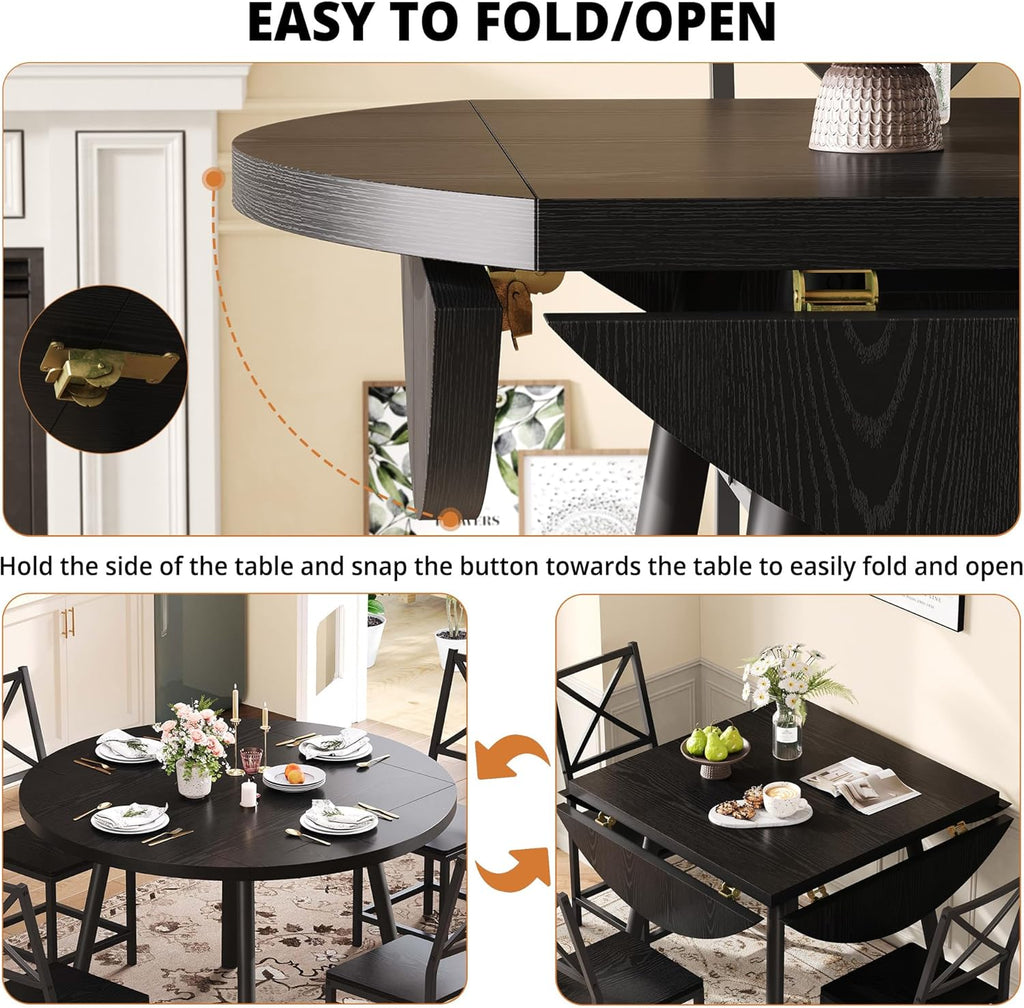 IRONCK Round Dining Table Set for 4, Extendable Kitchen Table with 4 Chairs, 44.5" Drop Leaf Desk, Folding for Small Space, Apartment, Black