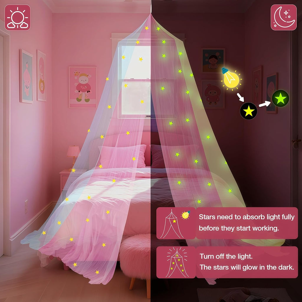 Princess Rainbow Bed Canopy for Girls with Glow-in-the-Dark Stars, Colorful Canopy Net Fits Most Single, Twin, Full and Queen Size Bed, Bedroom Accessories