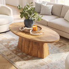 Oval Coffee Table, 47-Inch Living Room Table with Polygonal Pedestal, Modern Center Accent Furniture, Child-Friendly, Easy Assembly, Yellowish Brown
