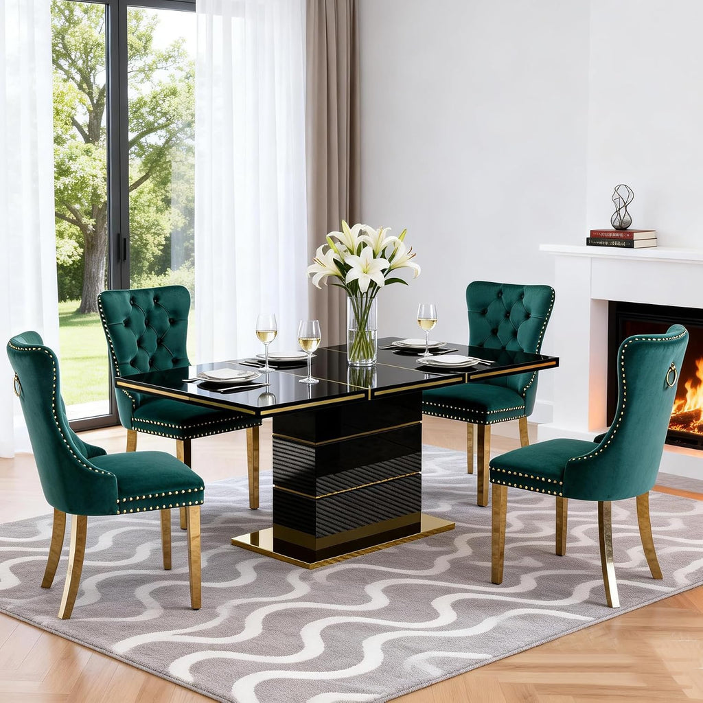 Luxury 70" Black High Gloss Rectangular Dining Table with 1.5" Thick Tabletop, Gold Accent Trims & Sturdy Pedestal Base, Elegant Modern Dining Table for 4-6 People, Kitchen & Dining Room Furniture