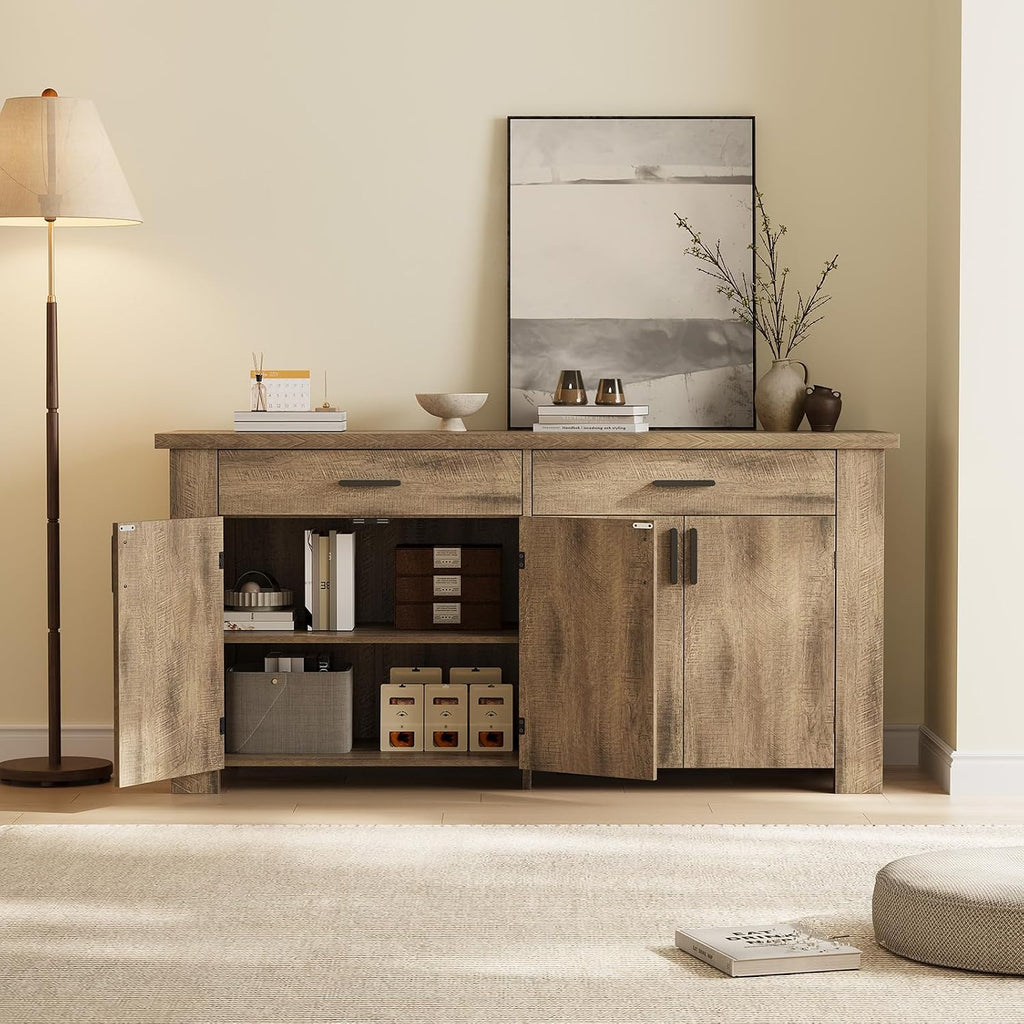ONBRILL 61 Inch Sideboard Buffet Cabinet with Storage, Buffet Cabinet with 2 Drawers & 4 Doors, Farmhouse Sideboard with Adjustable Shelves, Coffee Bar Cabinets for Living Room, Kitchen, Rustic Brown