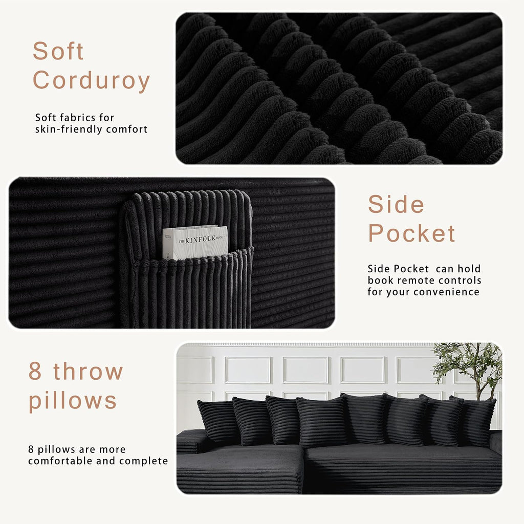 110'' Boneless Couch, Modern Corduroy Couch, Convertible Sleeper Sofa Bed Full, Right L-Shaped Floor Sofa, 8 Pillows, 2 Movable Pockets, Sectional Couches for Living Room, Apartment, Black