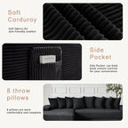 110'' Boneless Couch, Modern Corduroy Couch, Convertible Sleeper Sofa Bed Full, Right L-Shaped Floor Sofa, 8 Pillows, 2 Movable Pockets, Sectional Couches for Living Room, Apartment, Black