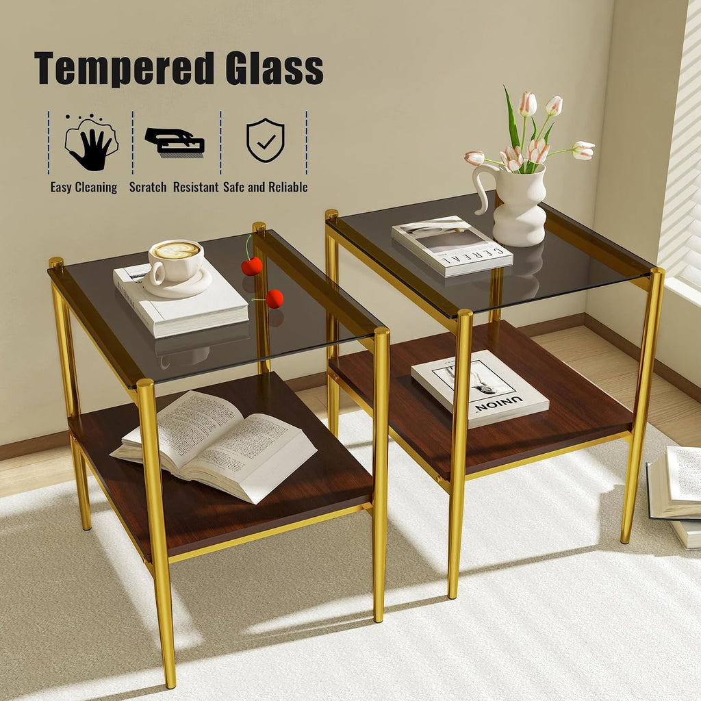 End Table Set of 2, Tempered Glass Side Tables Set with Wooden Storage Shelf, 2-Piece Nightstands for Bedroom, Living Room
