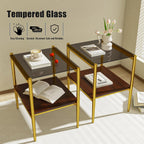 End Table Set of 2, Tempered Glass Side Tables Set with Wooden Storage Shelf, 2-Piece Nightstands for Bedroom, Living Room