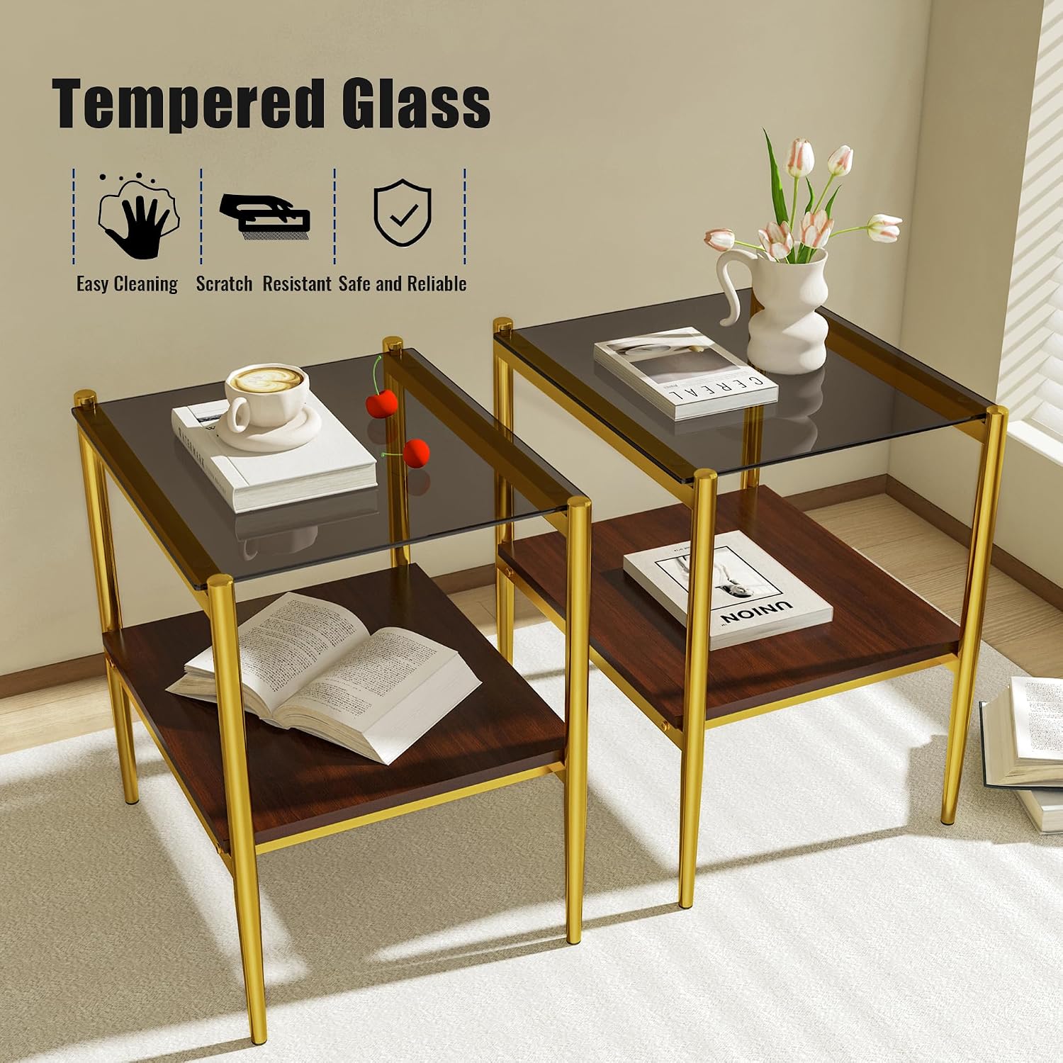 End Table Set of 2, Tempered Glass Side Tables Set with Wooden Storage Shelf, 2-Piece Nightstands for Bedroom, Living Room
