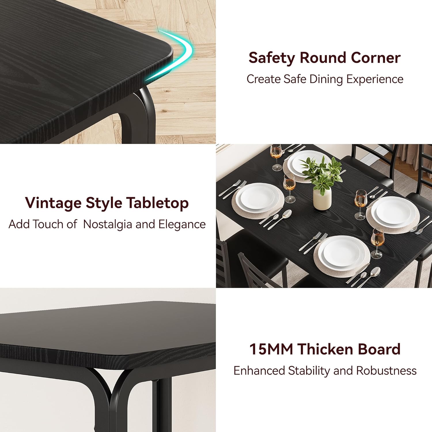 GarveeHome 5-Piece Kitchen Dining Room Table Chair Set for Small Space, Indoor Modern Dinette Set for 4, Square Dinner Table Set for Dinette (Black, Dining Table with 4 Chairs)