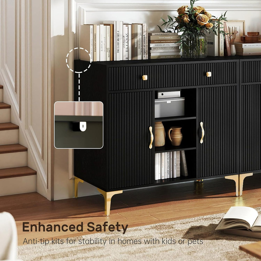 Black Sideboard Buffet Cabinet with Adjustable Shelves, Modern Storage Cabinet with Drawers and Doors, Sleek Buffet for Dining Room, Living Room, Entryway, 39.4 Inch