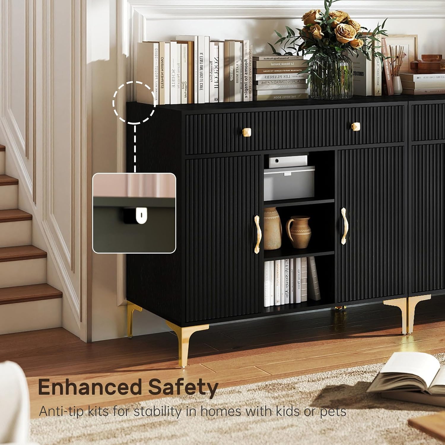 Black Sideboard Buffet Cabinet with Adjustable Shelves, Modern Storage Cabinet with Drawers and Doors, Sleek Buffet for Dining Room, Living Room, Entryway, 39.4 Inch