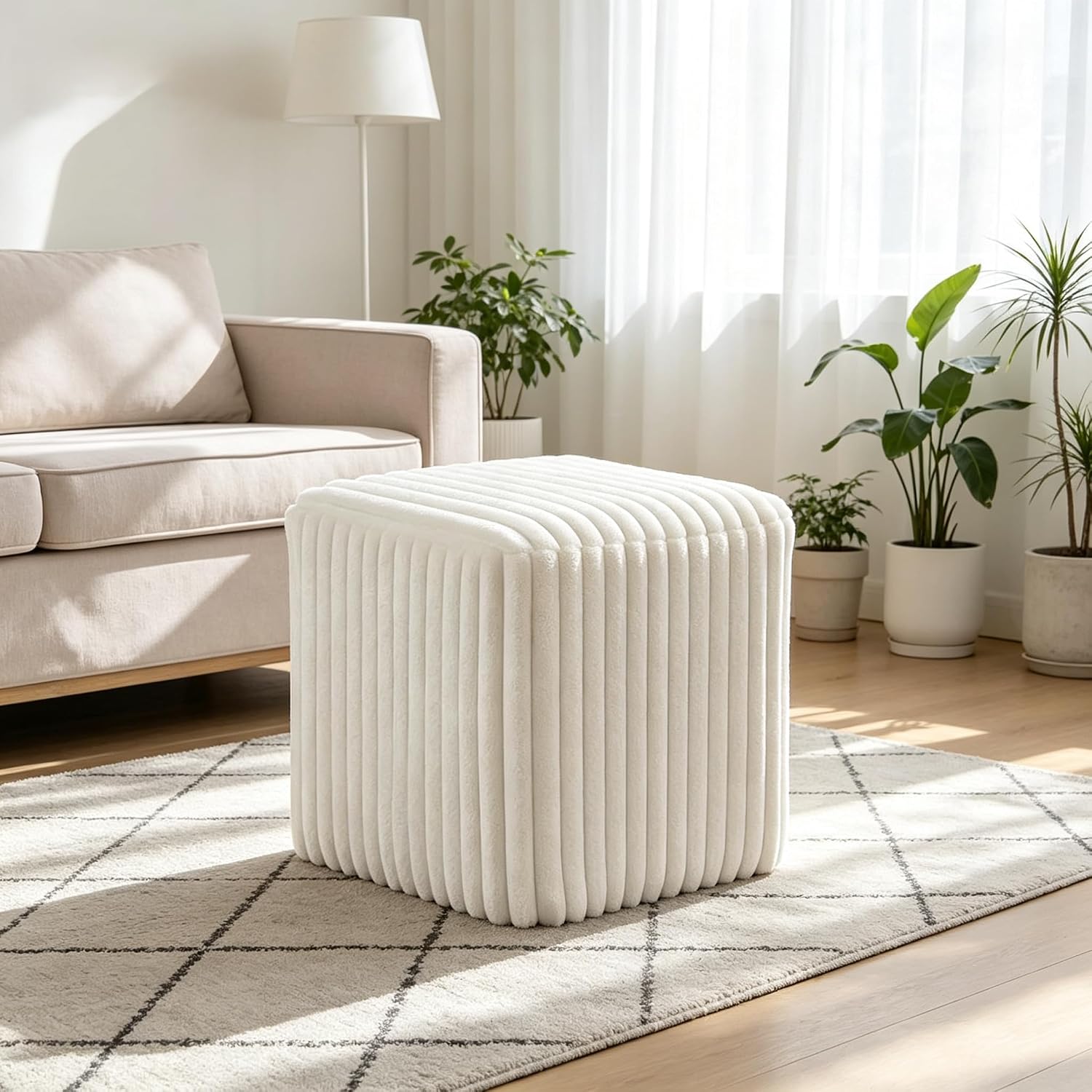 YDcosyfy Modern Square Ottoman, Vertical Channel Tufted Foot Stool Ottoman, Velvet Upholstered Vanity Stool for Makeup, Bedroom, Living Room, White