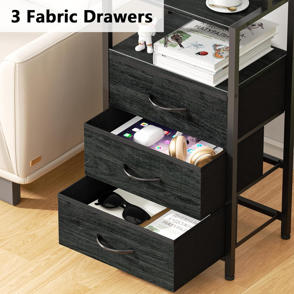 Furnulem Night Stand Set 2 with Charging Station, 46" Black Bedside Table | RGB LED Lights, 4-Tier Storage Shelves & 3 Fabric Drawers, Metal Frame, Wood Desktop, Easy Assembly for Bedroom Hallway Dorm