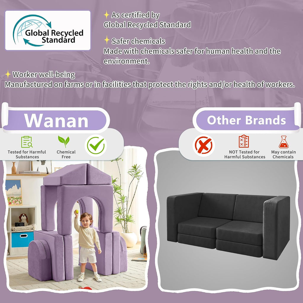 wanan Kids Couch 10PCS, Modular Kids Play Couch for Playroom Bedroom, 10 in 1 Multifunctional Kid Sofa for Playing, Creativing, Sleeping, Indoor Toddler Couches for Boys and Girls (Blueberry)