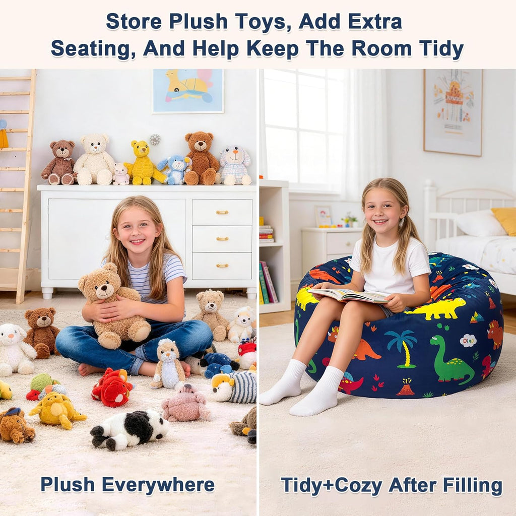 Lukeight Stuffed Animals Storage Bean Bag Chair Cover, Large 27 x 16 in | Dinosaur Cozy Velvet Plush Toy Organizer Seat for Kids, Cover Only, No Filling Included, Long YKK Zipper, Side Pocket
