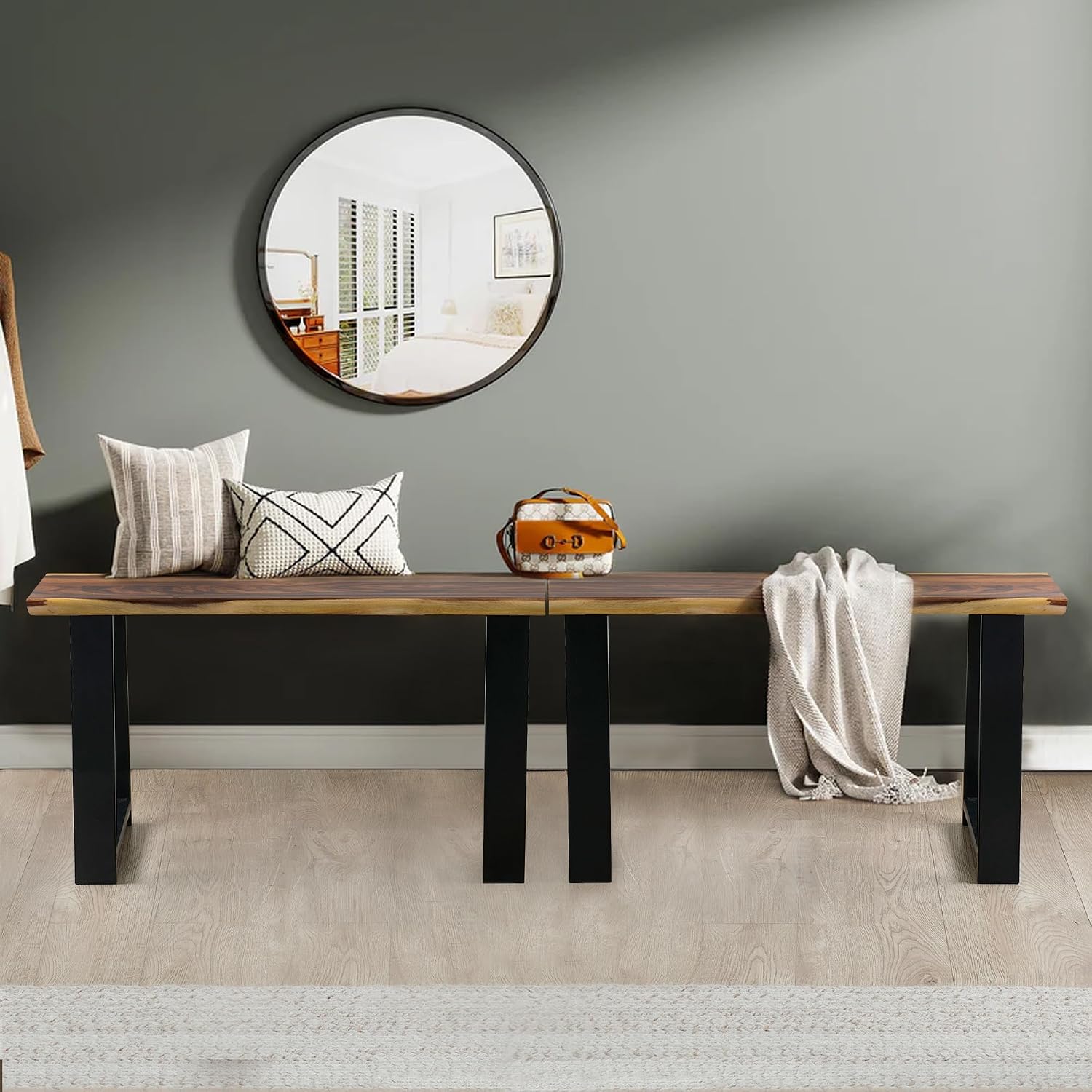 Rustic Live Edge Solid Wood Bench 32" x 14" x 17" Height Handmade Farmhouse Entryway Bench Living Room Dining Room Bedroom Hallway Office Vintage Dark Brown Acacia Accent Bench Seat