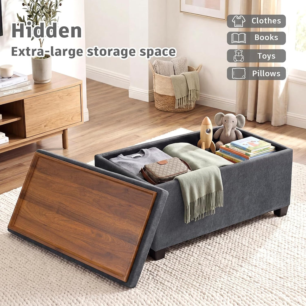 29.5 in Gray Linen Storage Ottoman with Reversible Tray Top | Rectangular Storage Bench, Upholstered Foot Rest Ottoman with Hidden Storage, Coffee Table for Living Room Bedroom Entryway