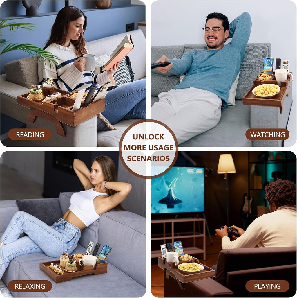Couch Arm Table with Dual Cup Holders, Acacia Wood Sofa Arm Tray | Fits armless sofas & sectionals, foldable tray for drinks, snacks & remotes, storage slots for neat organization,15.35"x9.85"