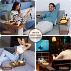 Couch Arm Table with Dual Cup Holders, Acacia Wood Sofa Arm Tray | Fits armless sofas & sectionals, foldable tray for drinks, snacks & remotes, storage slots for neat organization,15.35"x9.85"