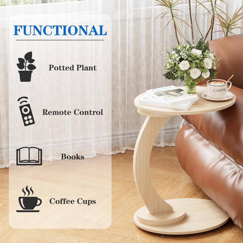 End Table,C Shaped Side Table,CouchTable that Slide Under, Wood Round Table for Couch,Small Sofa Table with Metal Frame for Bedroom,Living Room,Night Stand, Bedside Table for Small Space(Oak)