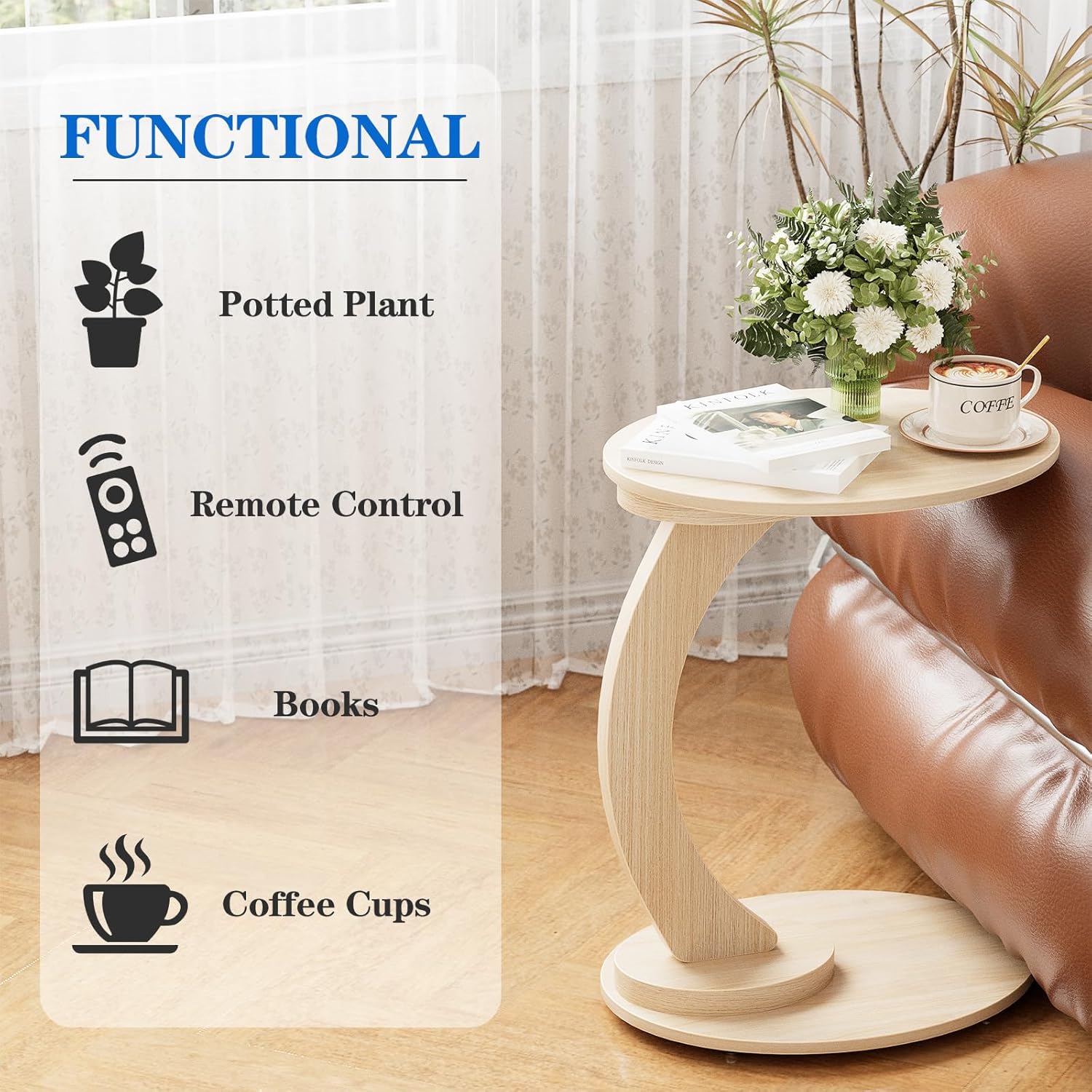 End Table,C Shaped Side Table,CouchTable that Slide Under, Wood Round Table for Couch,Small Sofa Table with Metal Frame for Bedroom,Living Room,Night Stand, Bedside Table for Small Space(Oak)