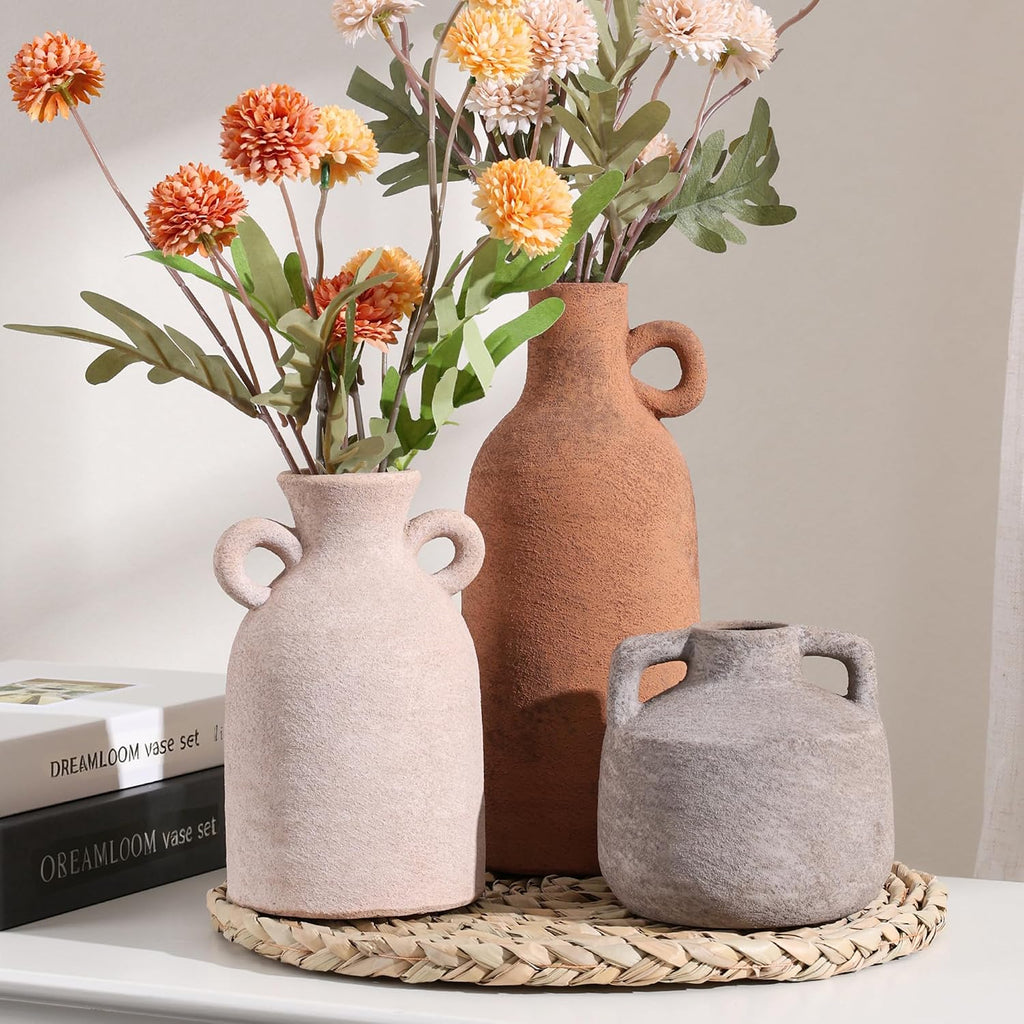 Ceramic Vase Set, 3Pcs Flower Vases for Modern Boho Farmhouse Decor, Decorative Vases for Pampas Grass & Dried Flowers, Distressed Finish