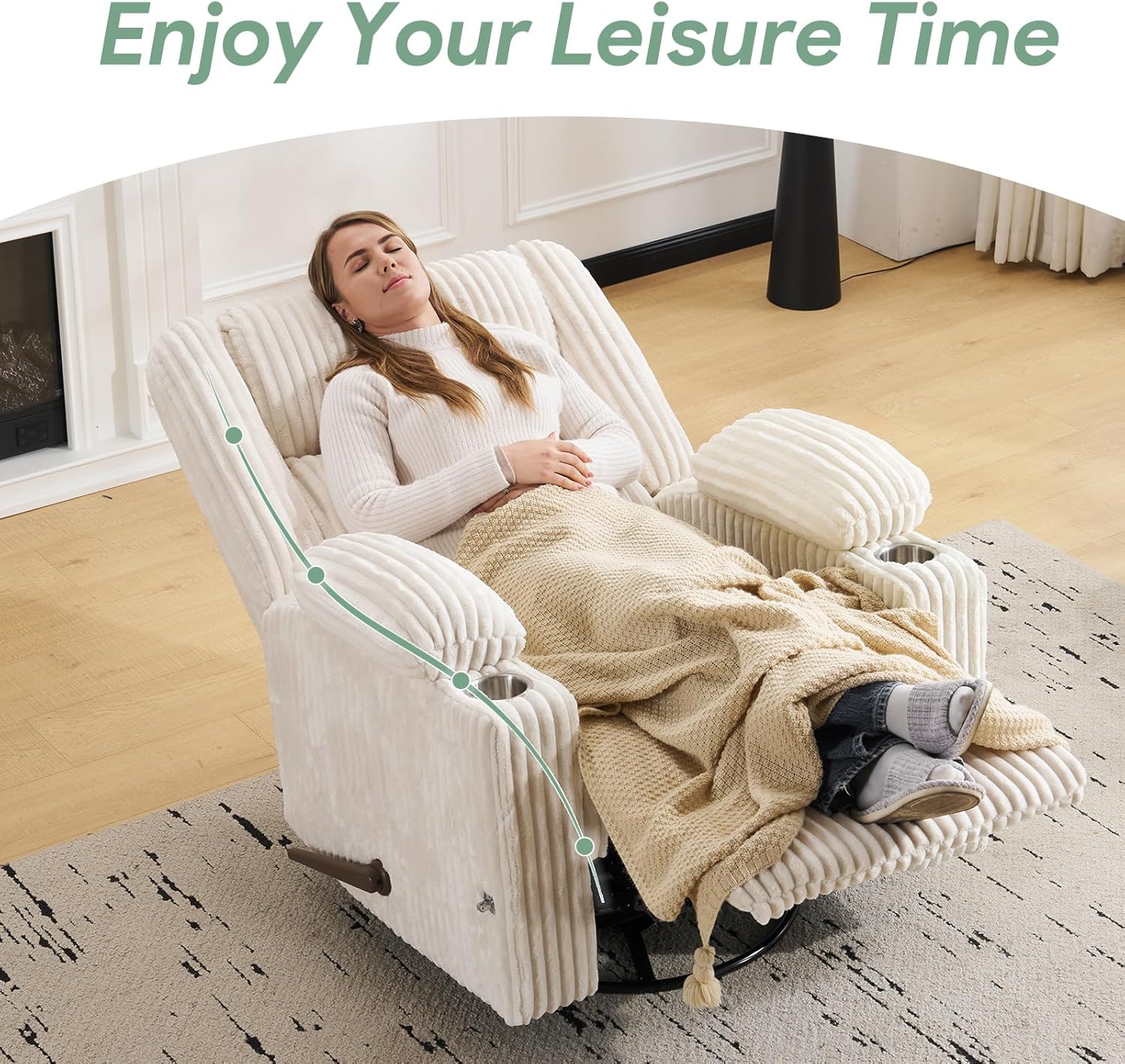 Manual Recliner Chair with Adjustable Headrest, Oversized Swivel Rocker Recliner for Adults with Arm Storage, Nursery Glider Recliner with Phone Stand and Side Pockets for Living Room, Beige