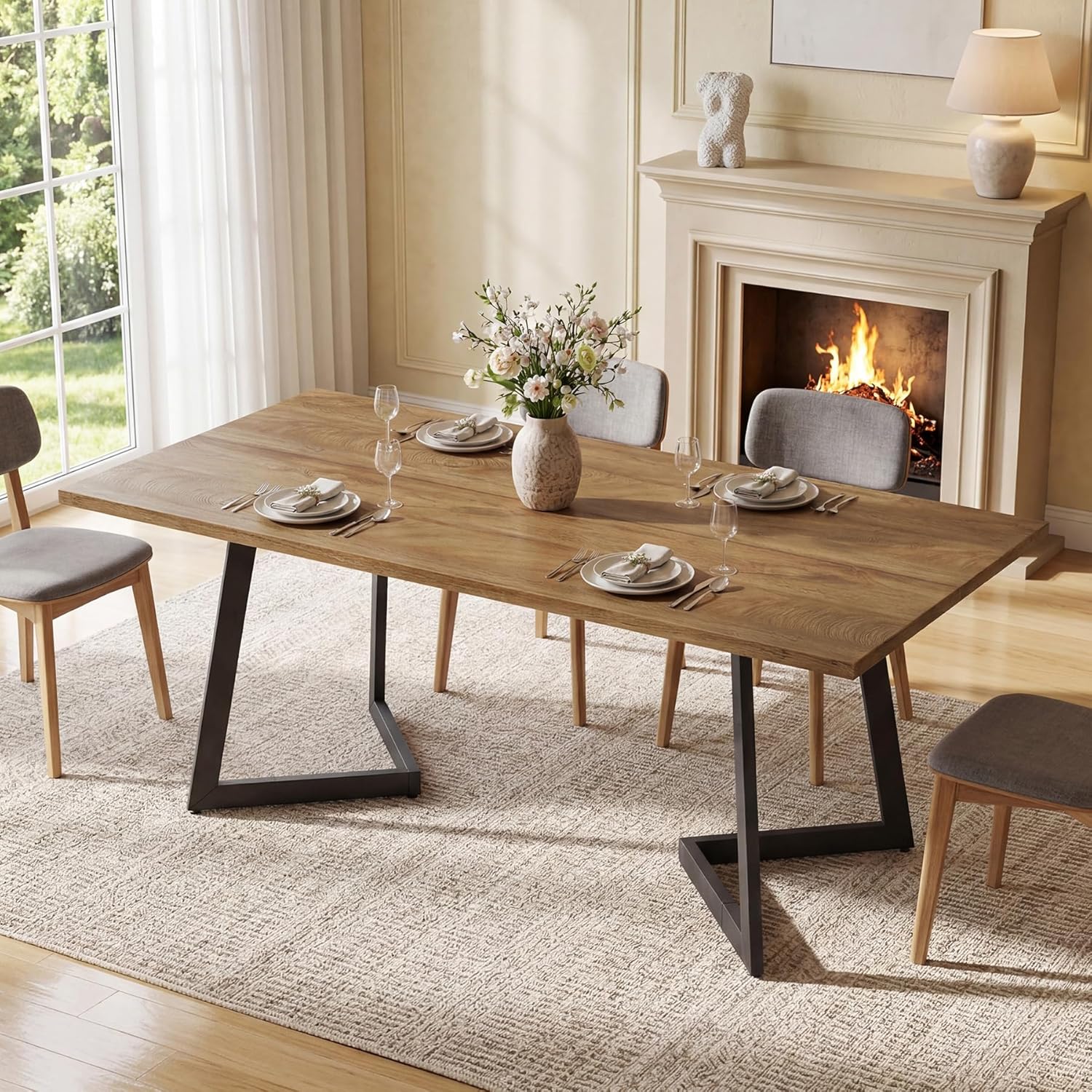 Tribesigns 62.2" Farmhouse Dining Table for 4-6, Industrial Rectangular Kitchen Dinner Table with Heavy-Duty Metal Legs for Home, Dining Room, Kitchen, Easy Assembly (Rustic Brown＋Black)