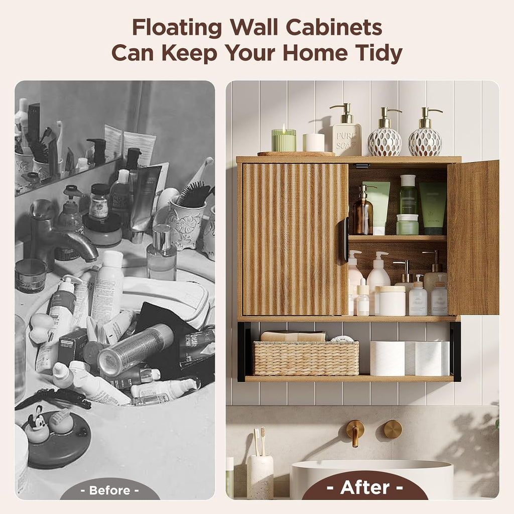 FiveWillowise Fluted Bathroom Wall Storage Cabinet with Open Shelf, Floating Wall Mounted Medicine Cabinet with Adjustable Shelves, Over The Toilet for Bathroom, Laundry Room, Kitchen, Natural Oak