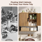 FiveWillowise Fluted Bathroom Wall Storage Cabinet with Open Shelf, Floating Wall Mounted Medicine Cabinet with Adjustable Shelves, Over The Toilet for Bathroom, Laundry Room, Kitchen, Natural Oak