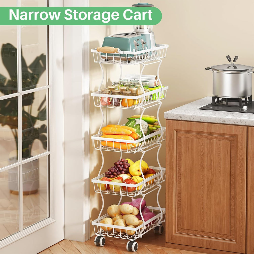 SAYZH Fruit Basket Kitchen Pantry Organizers and Storage - 5 Tier Stackable Metal Wire Basket Stand For Fruit Vegetable Snacks Jars Bins Containers Organization (White, 5 Tiers)