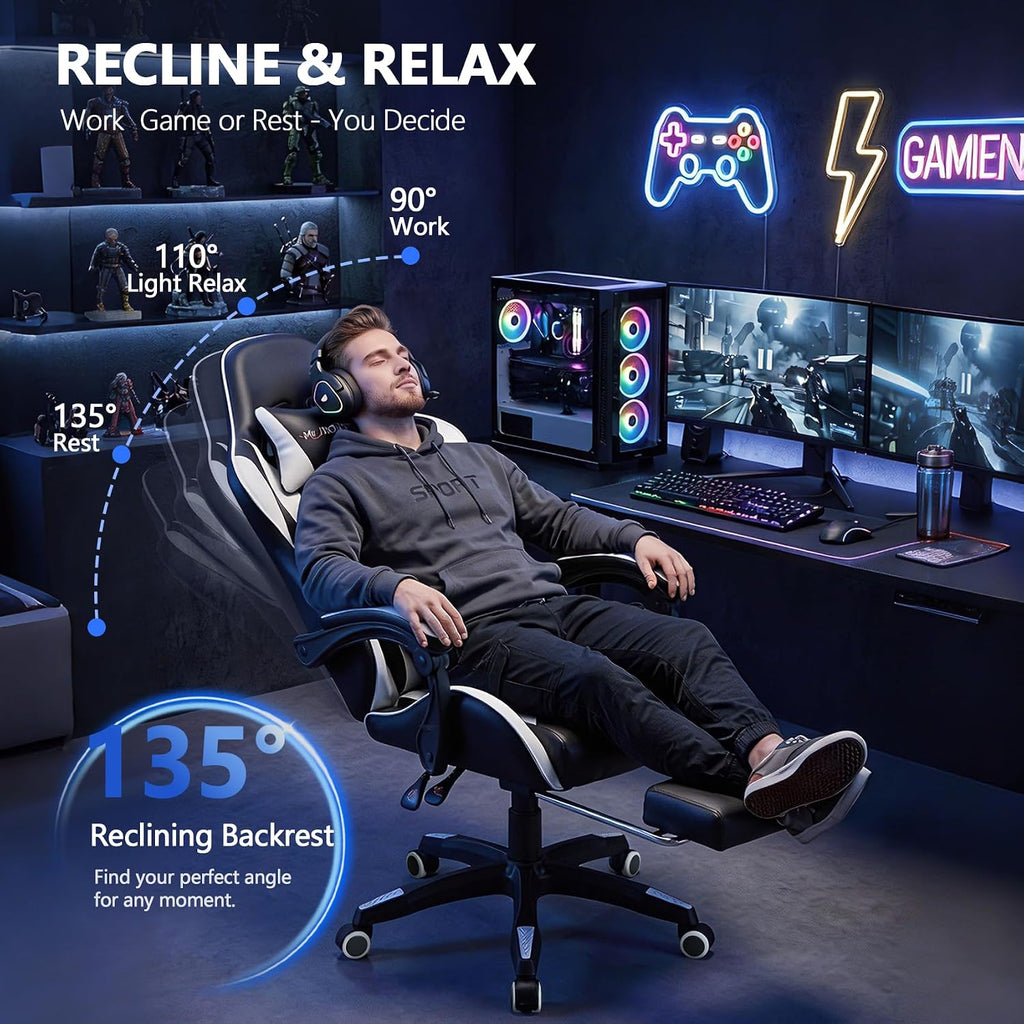 Mr IRONSTONE Gaming Chair with Footrest, Ergonomic Reclining Gamer Chair with Lumbar Support & Massage, High Back Racing Style Video Game Chair, Adjustable Headrest, Swivel Desk Chair, Black